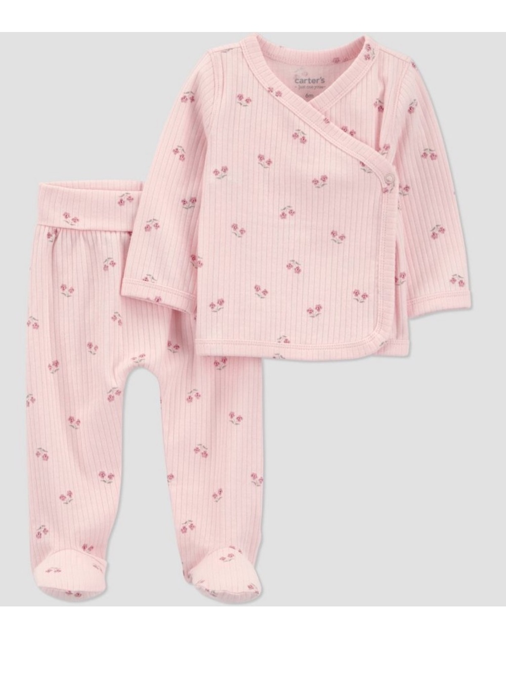 Carter's Just One You Light Pink Ribbed Floral Wrap Shirt and Pants Set size 6m
